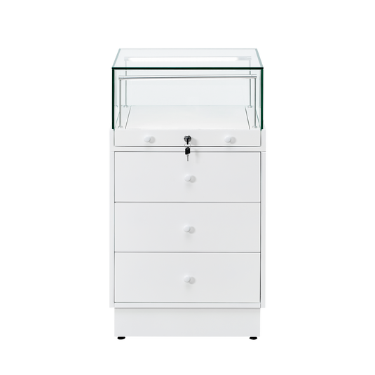 Slimline retail display case 500mm wide with lockable glass top and storage drawers in white. 