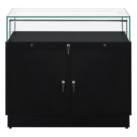 1000mm x 500mm x 900mm. Black freestanding glass and wood display unit with locks and cupboard. 