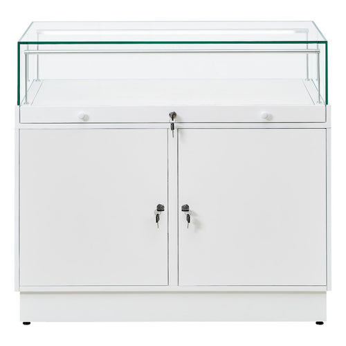 1000mm x 500mm x 900mm. White freestanding glass and wood display unit with locks and cupboard. 