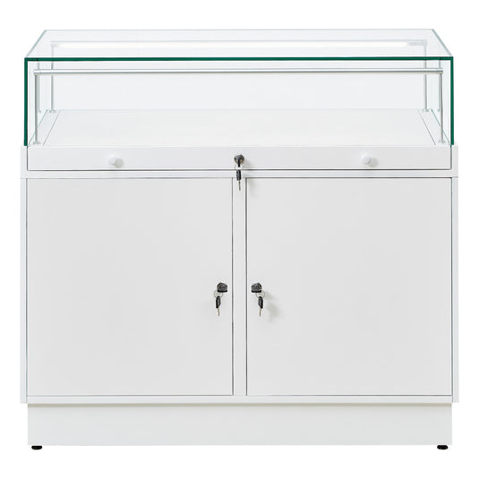 1000mm x 500mm x 900mm. White freestanding glass and wood display unit with locks and cupboard. 
