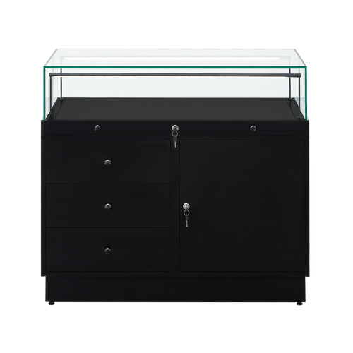 Lockable display case for retailers with storage drawers and integrated cupboard in black 1m wide. 