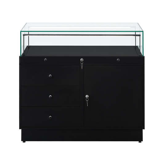 Lockable display case for retailers with storage drawers and integrated cupboard in black 1m wide. 