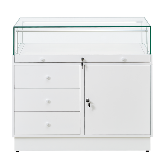 Lockable display case for retailers with storage drawers and integrated cupboard in white 1m wide. 