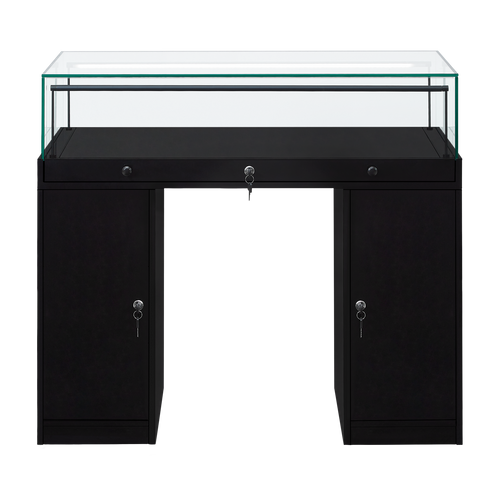 A black desk style retail display unit with a lockable glass top and two lockable cupboards.