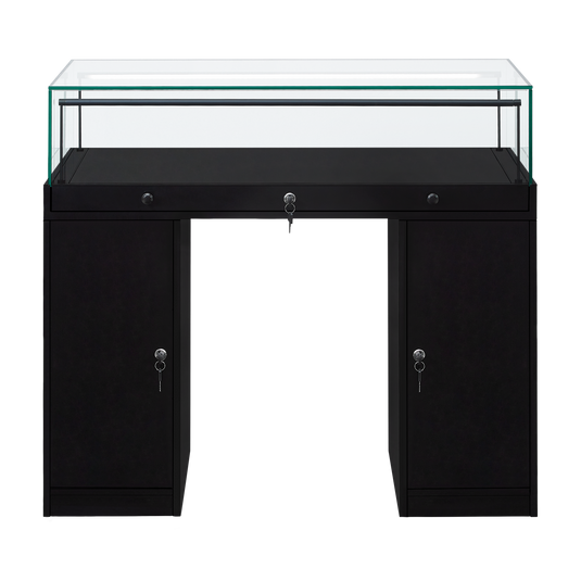 A black desk style retail display unit with a lockable glass top and two lockable cupboards.