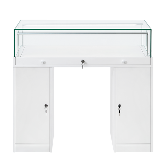 A white desk style retail display unit with a lockable glass top and two lockable cupboards.