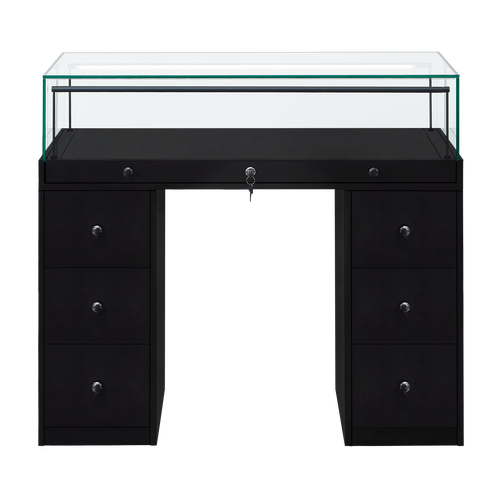 A black desk style retail display unit with a lockable glass top and storage drawers.