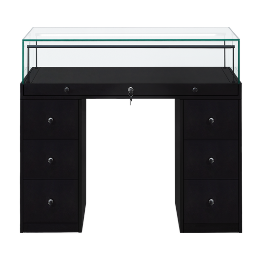 A black desk style retail display unit with a lockable glass top and storage drawers.