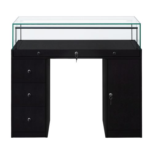 a desk-style retail display case in black with cupboards and drawers