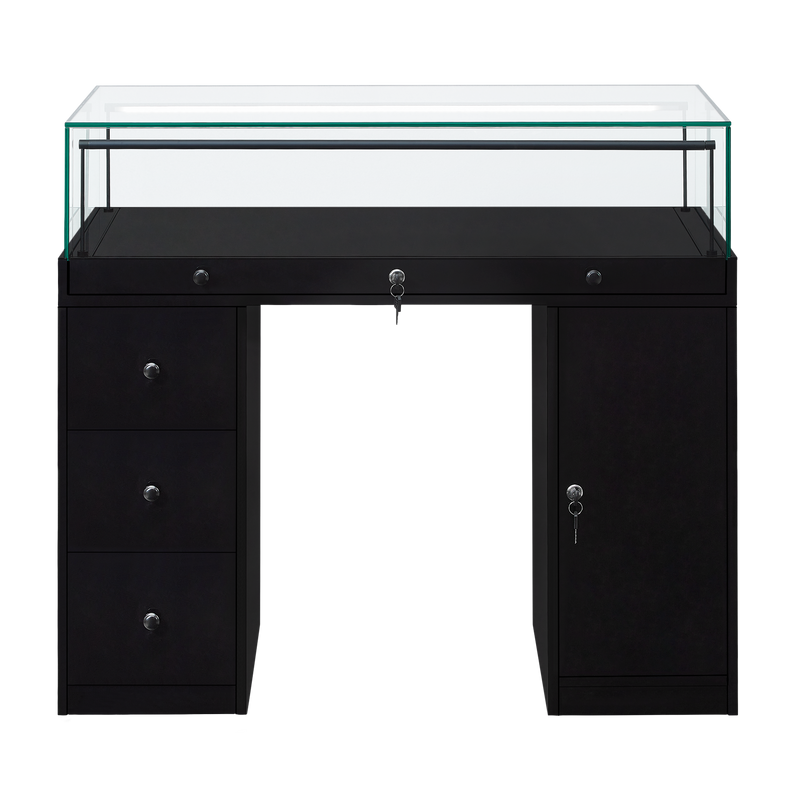 Load image into Gallery viewer, a desk-style retail display case in black with cupboards and drawers
