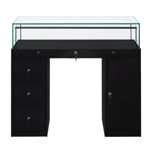 a desk-style retail display case in black with cupboards and drawers