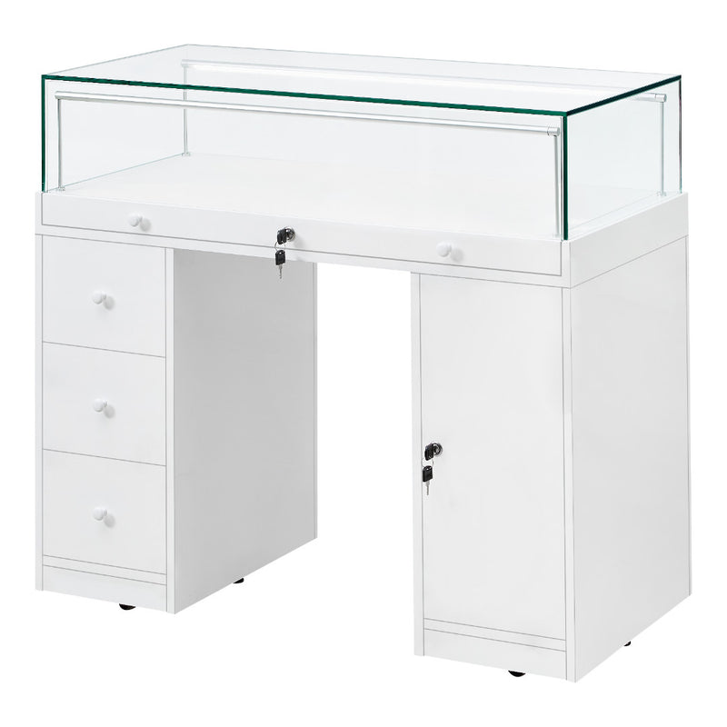 Load image into Gallery viewer, a desk-style retail display case in white with cupboards and drawers
