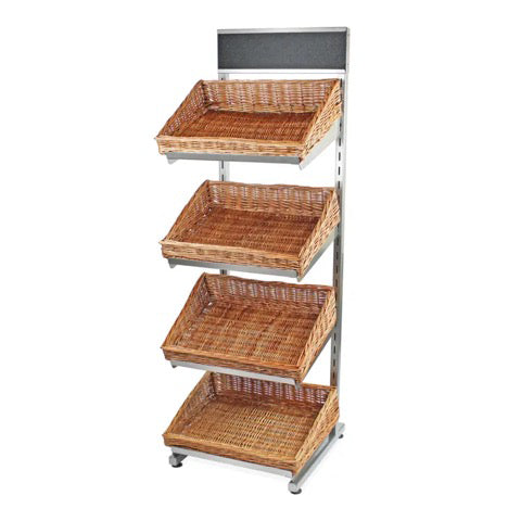 Metal display stand with wicker baskets for retailers