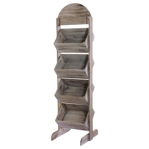 Rustic style 4 tier display unit with boxes on a white background