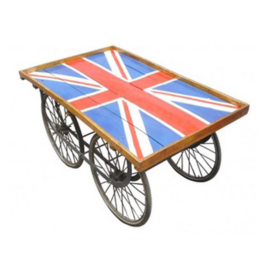 Iron and Wooden cart with a Union Jack base on a white background