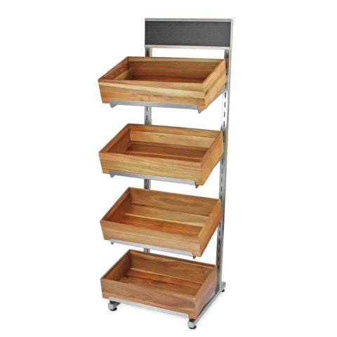 Four-tier metal display stand with wooden crates