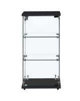 front view of a flat packed black countertop showcase in black, portrait style