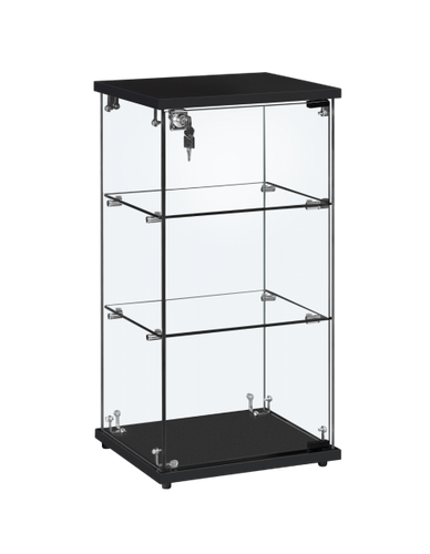 side view of a flat packed black countertop showcase in black, portrait style