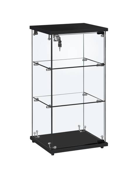 side view of a flat packed black countertop showcase in black, portrait style
