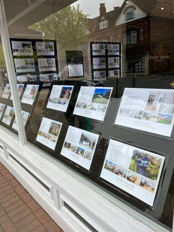 a side view of a window deisplay in an estate agents using freestanding claralight LED window display units