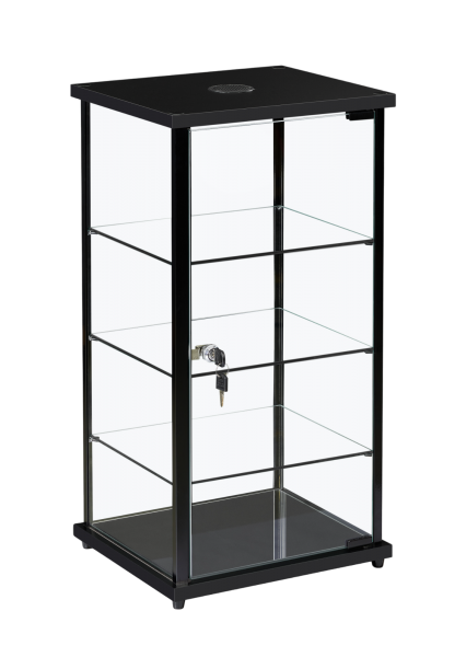countertop aluminium and glass showcase with single light in black - side view