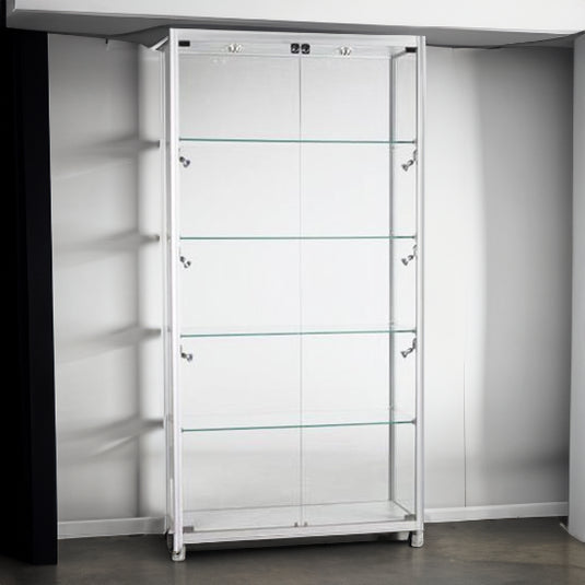 a deluxe aluminium tower showcase with lighting and glass doors for retail display