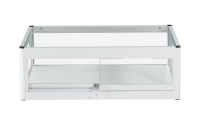 a front view of a landscape countertop aluminium and glass showcase in silver, with glass shelves and a security lock