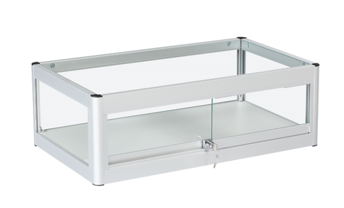 a side view of a landscape size aluminium and glass showcase in silver, with glass shelves and a security lock