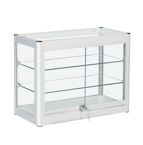 large countertop aluminium and glass showcase in a silver finish
