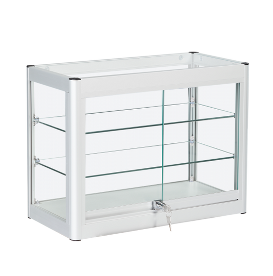 large countertop aluminium and glass showcase in a silver finish
