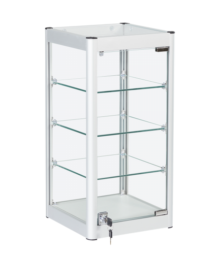 a side view of a portrait aluminium and glass showcase in silver, with glass shelves and a security lock