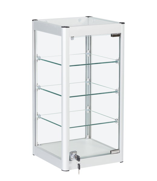a side view of a portrait aluminium and glass showcase in silver, with glass shelves and a security lock