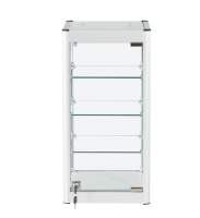 a front view of a portrait aluminium and glass showcase in silver, with glass shelves and a security lock
