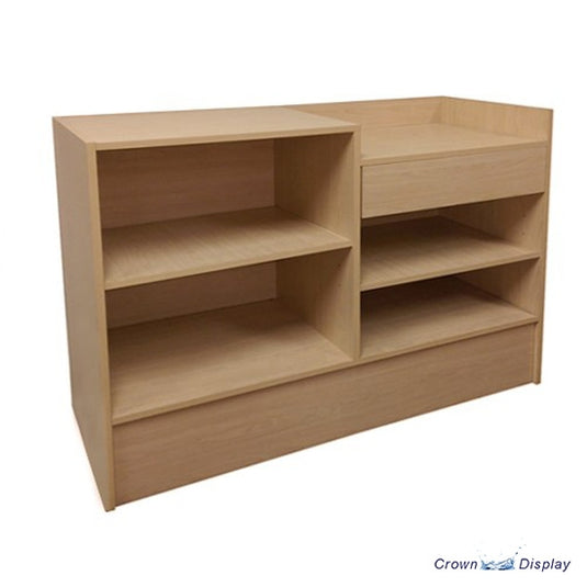 the rear view of a cash and wrap shop counter with a recessed till area, in a woodgrain finish