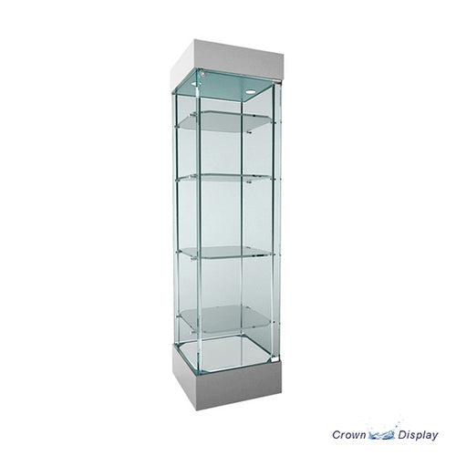 frameless aluminium and glass showcase with lighting and security lock in tower style