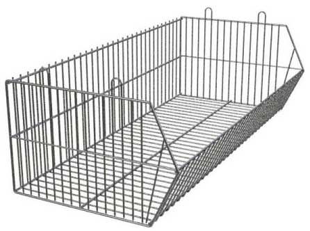 chrome stacking baskets for standard retails shop shelving, available in 580mm and 1000mm widths